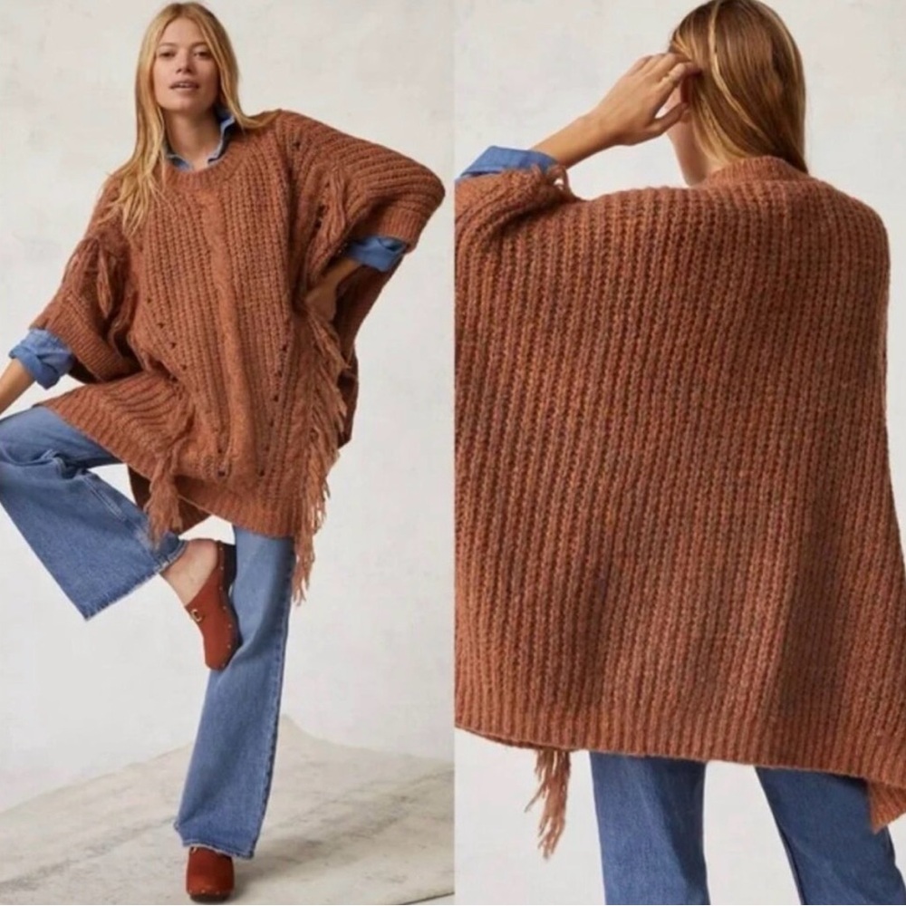 Anthropologie Marled Fringe Poncho in Rust Orange Brown One Size NWT